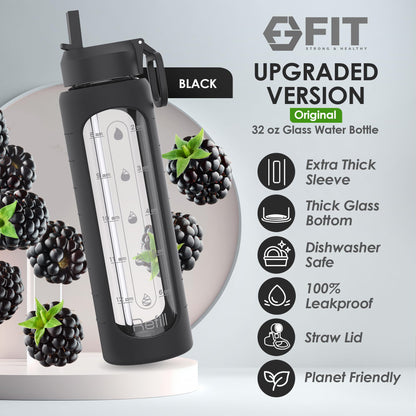 FIT Strong & Healthy 32 oz Glass Water Bottle with Time Marker & Silicone Sleeve - w/Handle & 2 Leakproof Lids Straw & Spout Lid, Wide Mouth, BPA Free 1 Liter Motivational Drinking Bottle, Black