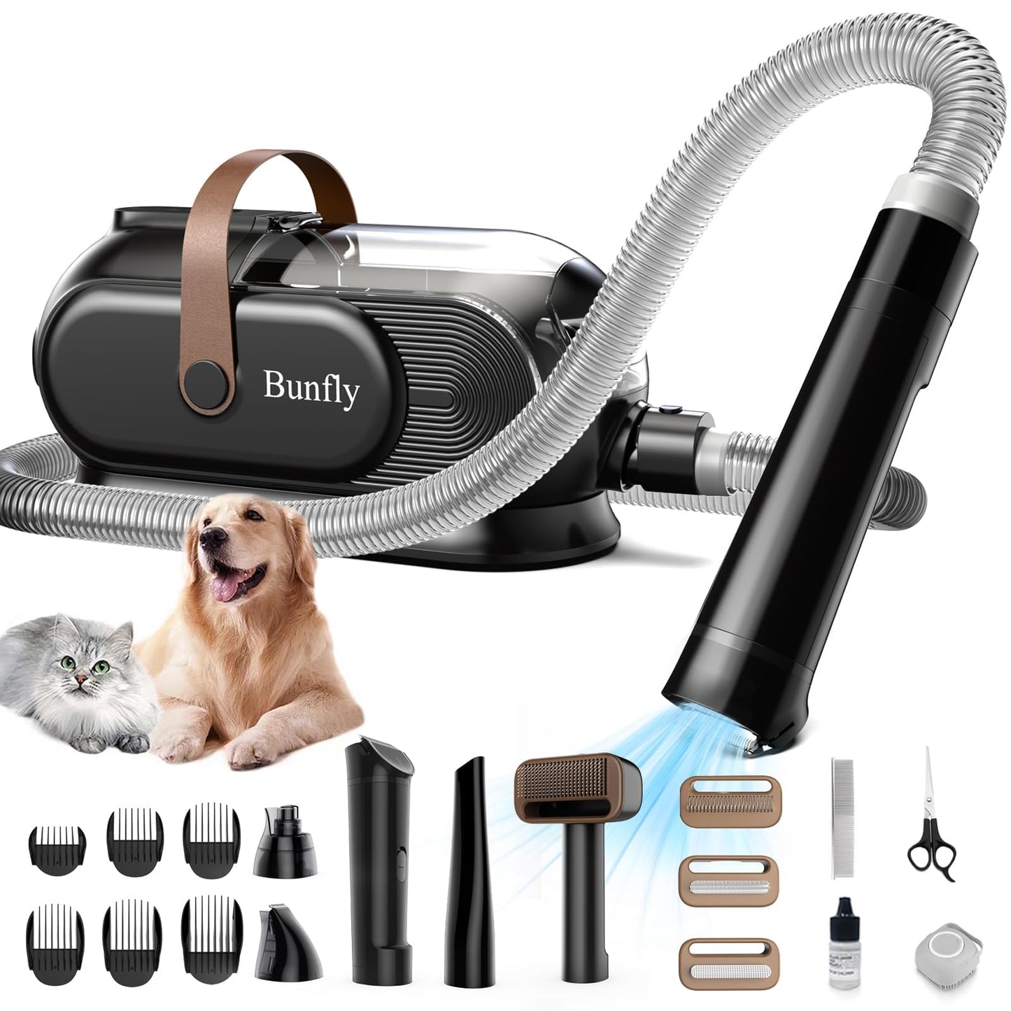 Bunfly Dog Grooming Kit with 13000kpa Strong Grooming & Vacuum Suction 99% Pet Hair,3L Capacity,11 Grooming Tools Dogs Cats and Other Animals,Home and Car Cleaning -Black