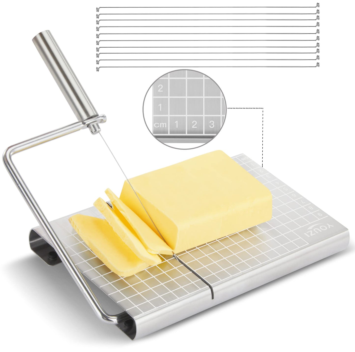 Stainless Steel Cheese Slicer with 10 Replacement Wires, Metal Cheese Cutter and Cutting Board - For Block Cheese
