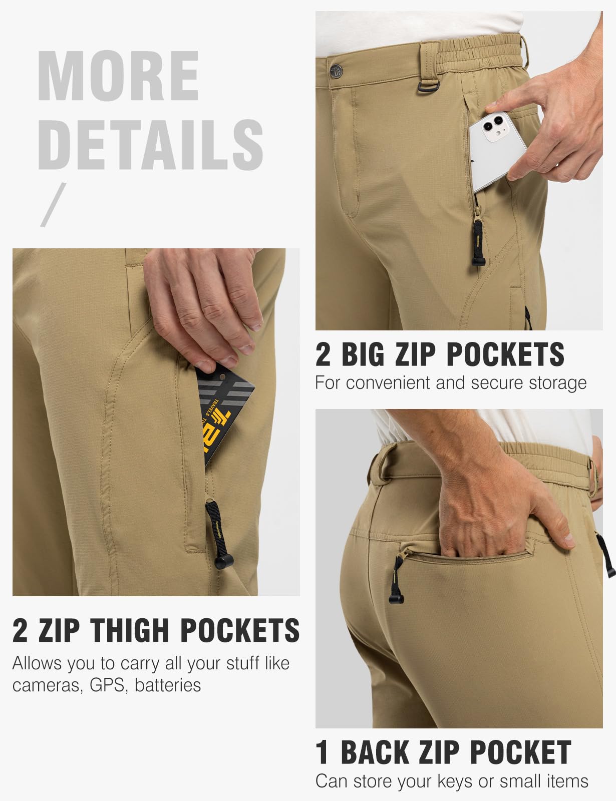 TBMPOY Men's Windproof Waterproof Athletic Pants for Outdoor Work Hiking Breathable Pants Thin Khaki L