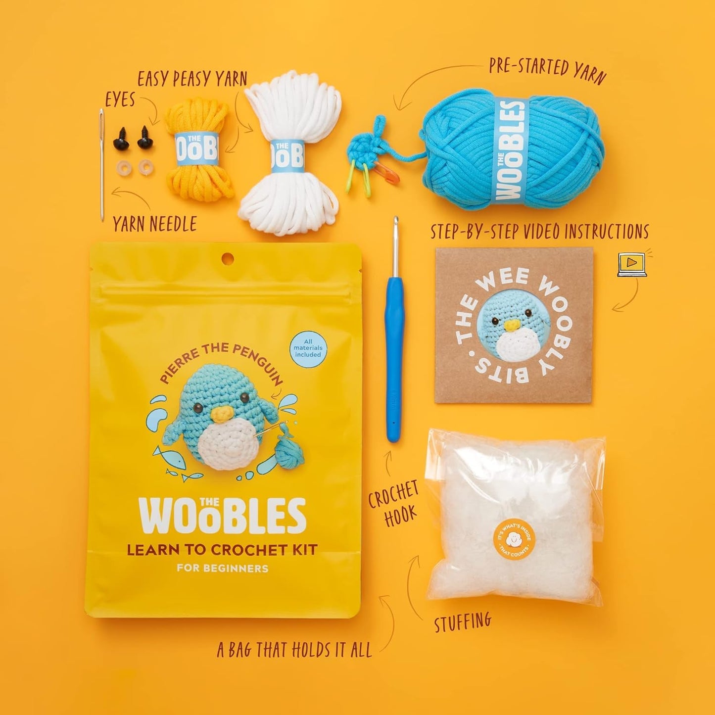 The Woobles Crochet Kit for Beginners - Easy Arts and Crafts Knitting & Crochet Animals Kit As Seen On Shark Tank - Pierre The Penguin