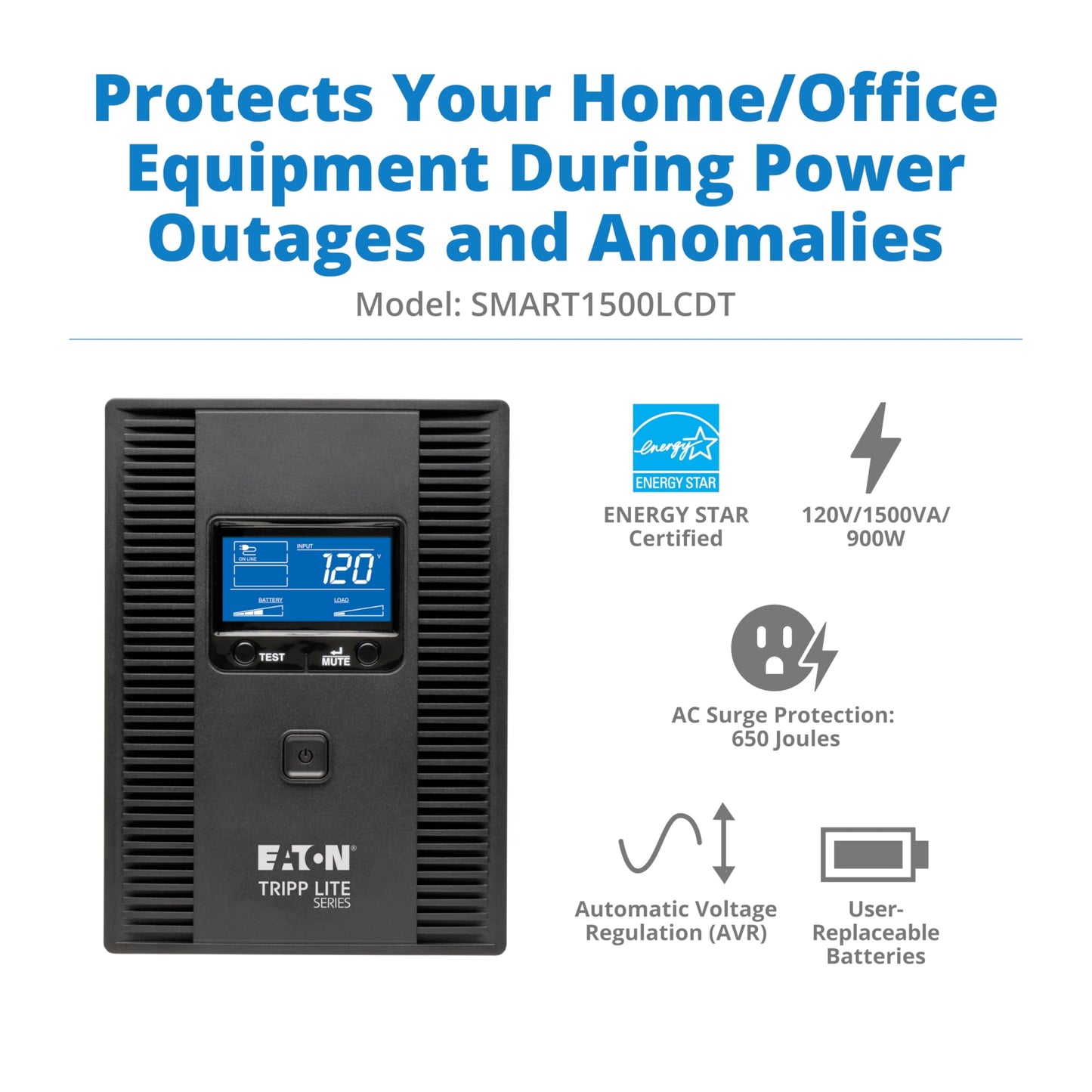 Tripp Lite SMART1500LCDT 1500VA 900W UPS Battery Back Up, AVR, LCD Display, Line-Interactive, 10 Outlets, 120V, USB, Tel & Coax Protection, 3 Year Warranty & Dollar 250,000 Insurance Black