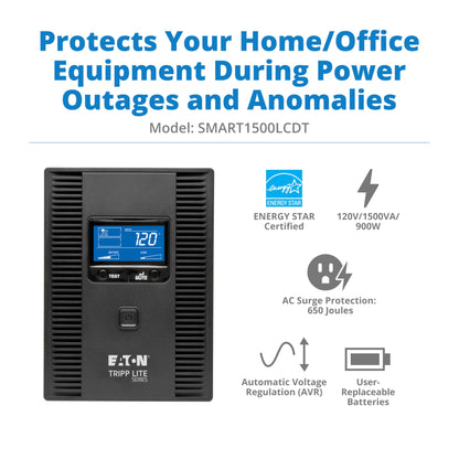 Tripp Lite SMART1500LCDT 1500VA 900W UPS Battery Back Up, AVR, LCD Display, Line-Interactive, 10 Outlets, 120V, USB, Tel & Coax Protection, 3 Year Warranty & Dollar 250,000 Insurance Black