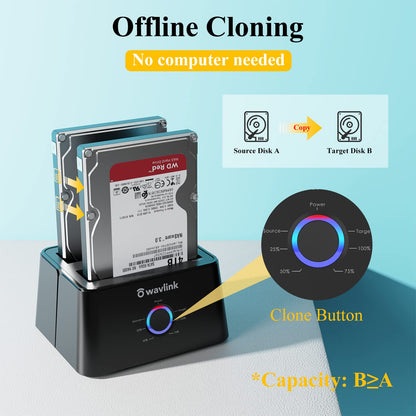 WAVLINK USB 3.0 and USB C to SATA Dual-Bay External Hard Drive Docking Station for 2.5/3.5 Inch HDD/SSD with UASP (6Gbps), Support Offline Clone/Duplicator Function [16TB X2 ]-Black