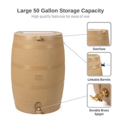 RTS Home Accents 50-Gallon Rain Barrel, Flat Back Rain Water Collection Barrel, Link Kit Included, Oak Color (2 Pack)