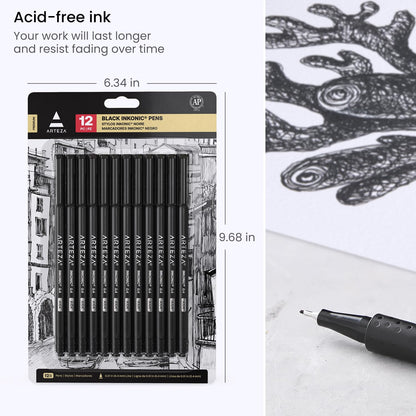 ARTEZA Black Inkonic Fineliners Pens, Set of 12, 0.4 mm Fine Tip Markers, Water-Based Art Pens for Drawing, Sketching, Journaling, Calligraphy
