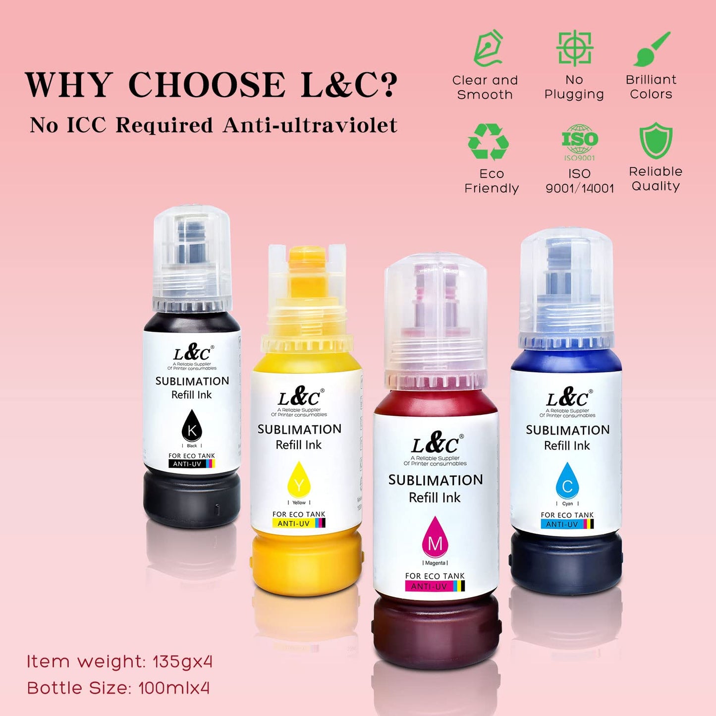 Sublimation Ink for Epson ET-2720 ET-2800 ET-2803 ET-4800 ET-2760 ET-2850 ET-4760 ET-4800 ET-3760 Sublimation Ink 522 Refilled Bottles Inkjet Printers for Heat Transfer Mug T Shirts (4x100ML)