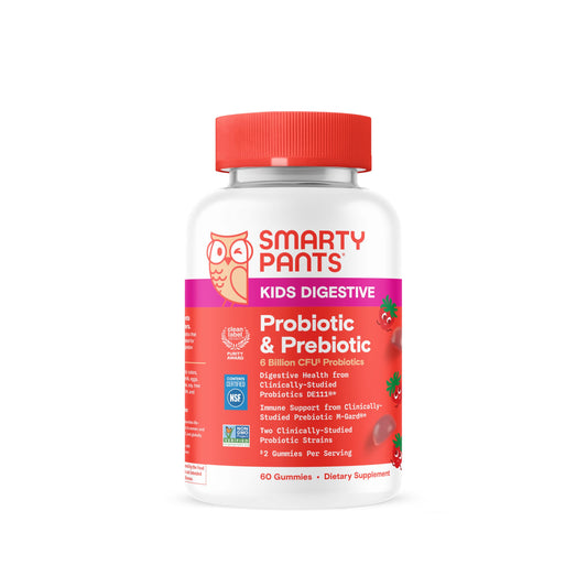 SmartyPants Kids Probiotic & Prebiotic Gummies for Digestive Health: Gut Health Supplement, Clinically Studied Prebiotic for Immune Support, Strawberry, 60 Count (30 Day Supply)