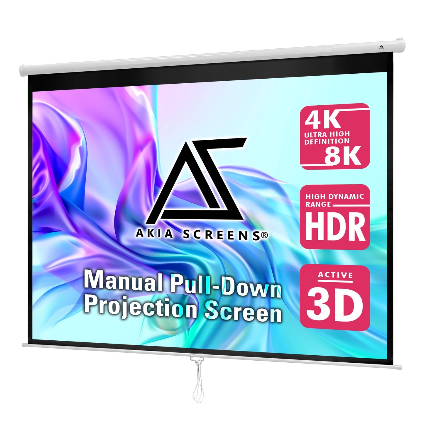 Akia Screens 100 inch Projector Screen Pull Down Manual B 4:3 or 92" 16:9, 95" 16:10 8K 4K HD 3D Ceiling Wall Mount White Portable Projection Screen for Indoor Movie Home Theater Office AK-M100V1