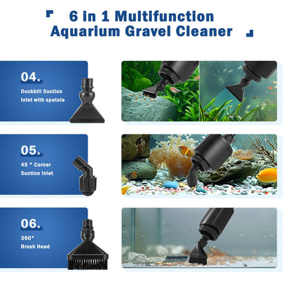 AQQA Aquarium Gravel Cleaner Kit, 6 in 1 Electric Fish Tank Vacuum Cleaning Tools Water Changer, Multifunction Wash Sand Filter Water Circulation 20W 320GPH 110V