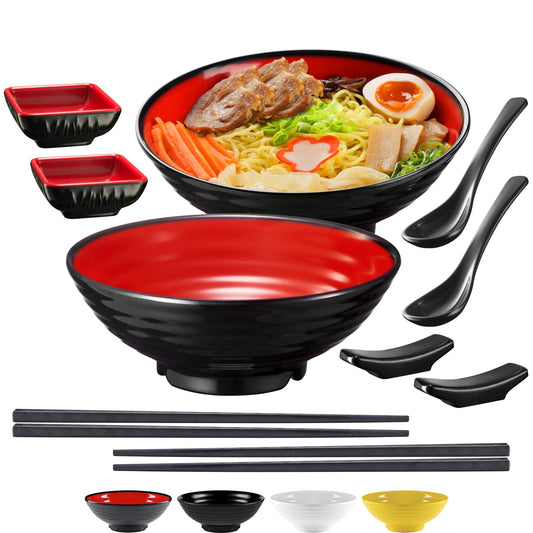 Unbreakable Ramen Bowl Set with Chopsticks and Spoon: 2 large Japanese Style Melamine Ramen Bowls, Dipping Bowls and Chopstick Stands for Asian Pho Soup Thai Miso Udon Wonton (2 Bowl Set, Red-Black)