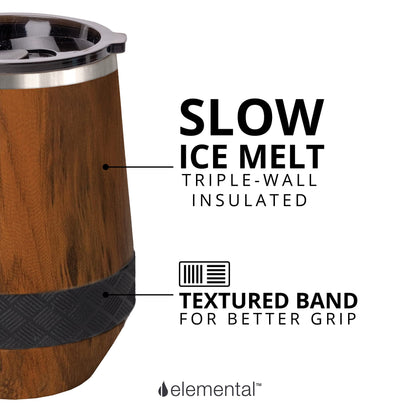 Elemental Recess Wine Tumbler - Triple Wall Insulated Stainless Steel Coffee Mug for Hot & Cold Drinks - Portable Cup with Shatterproof Sip Lid for Camping, Outdoor & Travel - 10oz - Teak Wood