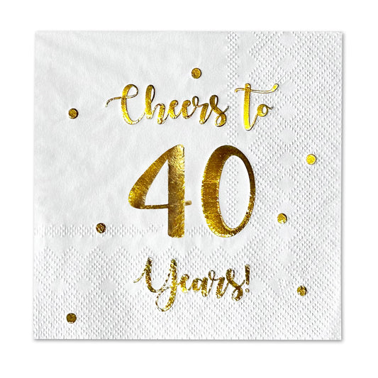 Cheers to 40 Years Cocktail Napkins | Happy 40th Birthday Decorations for Men and Women and Wedding Anniversary Party Decorations | 50-Pack 3-Ply Napkins | 5 x 5 inch folded (White)