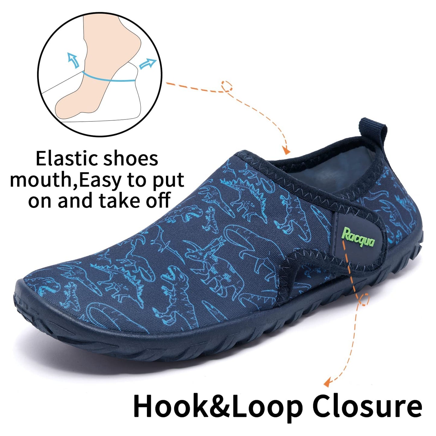 Racqua Kids Water Shoes Boys Girls Barefoot Quick Dry Lightweight Beach Sport Aqua Swim Pool Walking Surfing Boating Shoes Big Kid Dinosaur 1