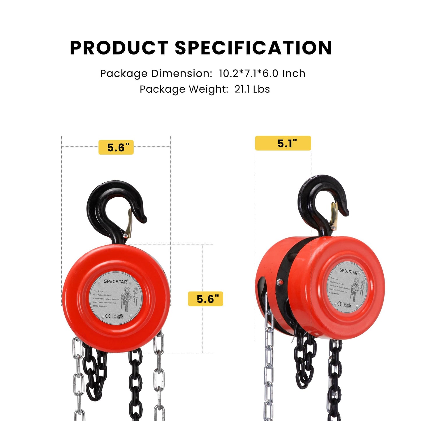 SPECSTAR Hand Chain Hoist 1 Ton 2200 Lbs Capacity 10 Feet with 2 Heavy Duty Hooks, Manual Chain Fall for Warehouse Building Automotive Machinery Red