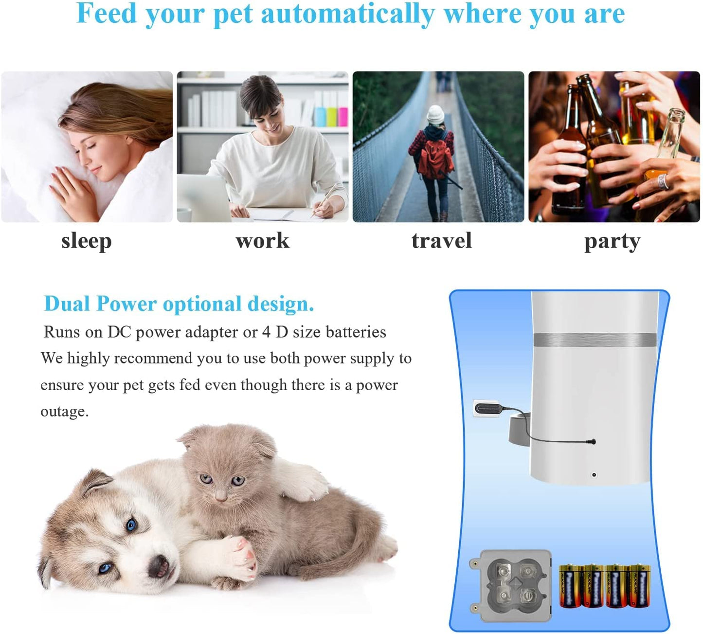 Automatic Cat Feeder, WellToBe Pet Feeder Food Dispenser for Cat & Small Dog with Two-Way Splitter and Double Bowls, up to 6 Meals with Portion Control, Voice Recorder - Battery and Plug-in Power