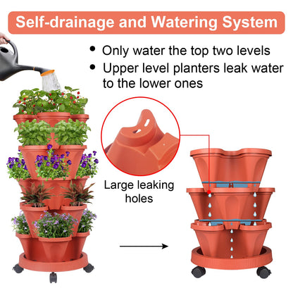 Vertical Planter 5 Tier Stackable Planters Garden Planters Strawberry Herb Flower and Vegetable Planter Indoor Outdoor Gardening Pots with Removable Wheels and Tools