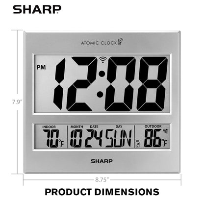 Sharp Atomic Clock - Atomic Accuracy - Never Needs Setting! -Silver Tech Style - Jumbo 3" Easy to Read Numbers - Indoor/Outdoor Temperature Display with Wireless Outdoor Sensor - Easy Set-Up!