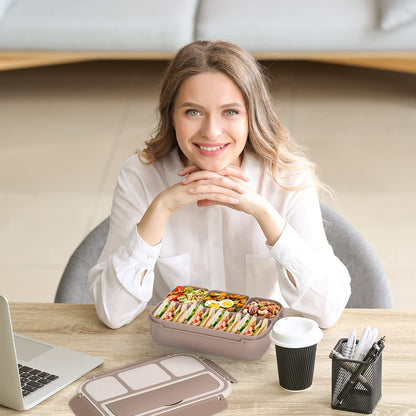 Bento Box Adult Lunch Box, Containers for Adults Men Women with 4 Compartments, Lunchable Food Container with Utensils, Sauce Jar, Muffin Liners, 40 Oz/5 Cup, Microwave & Dishwasher Safe, Brown