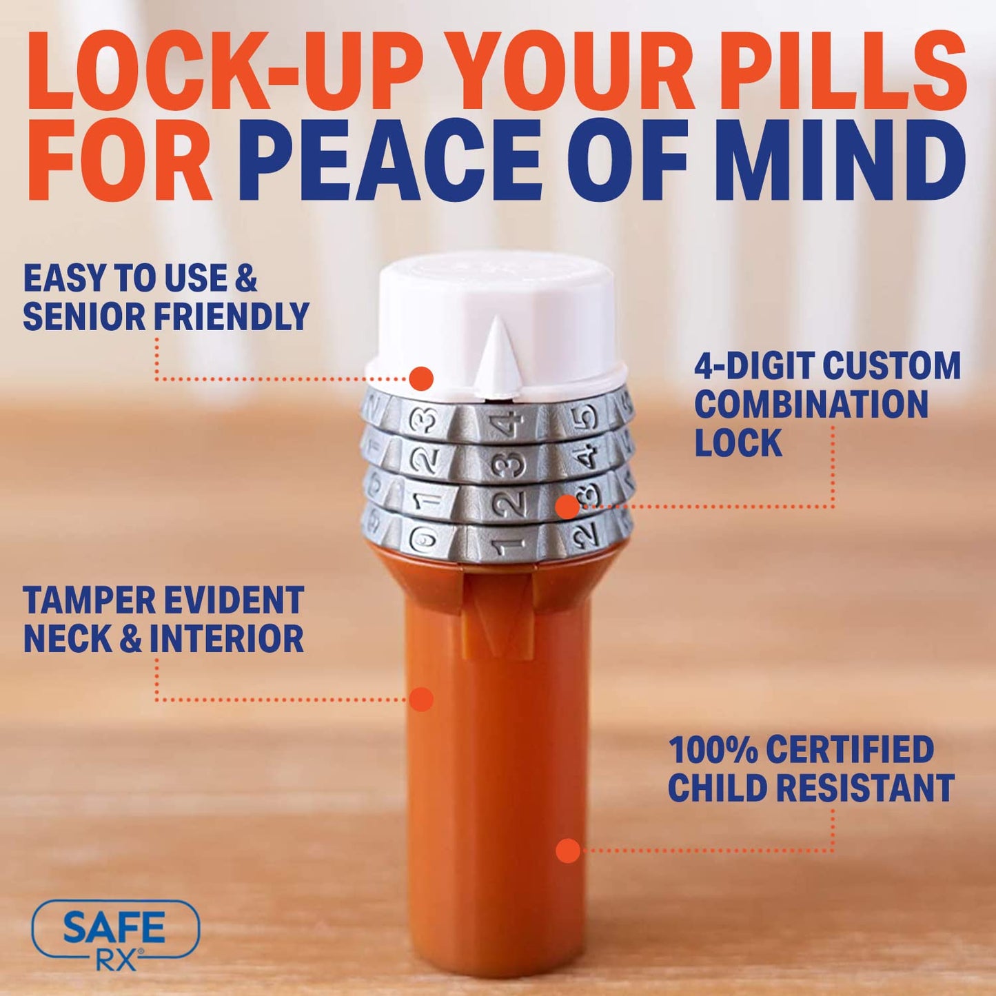 Safe Rx | Locking Pill Bottle | Pill Container Combination Lock | Tamper Evident | Child Resistant | Senior Friendly Easy Open Cap | Prescription Medication | Travel Pill Bottle | Medicine Organizer