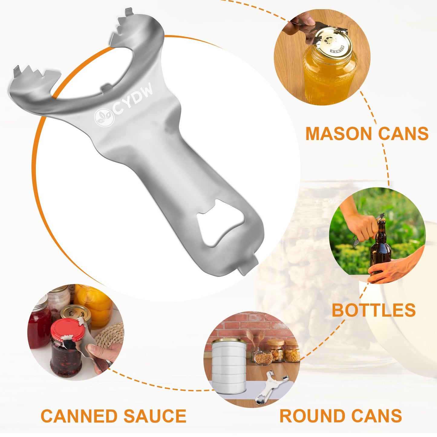 CYDW Mason Jar Opener Tool with No Lid Dents or Damage, Can Opener Manual Multi-Purpose, Easy Twist Manual Handheld Top Remover Utensil, Canning Supplies Tools and Bottle Opener, Made For Lifetime