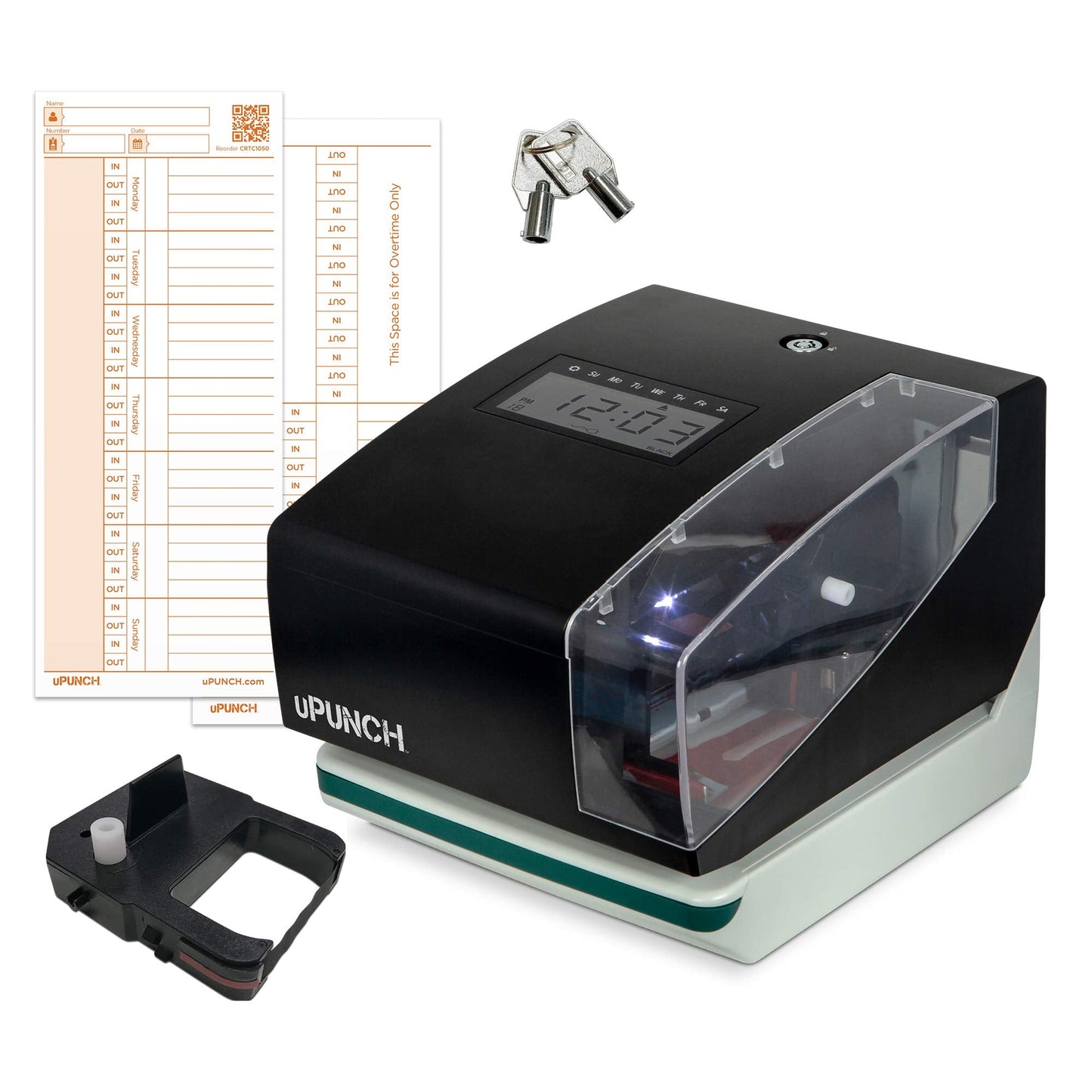 uPunch CR1000 Digital Time Clock and Date Stamp for Small Business: Complete Employee Time Tracking System with 50 Time Cards, Ribbon & Keys