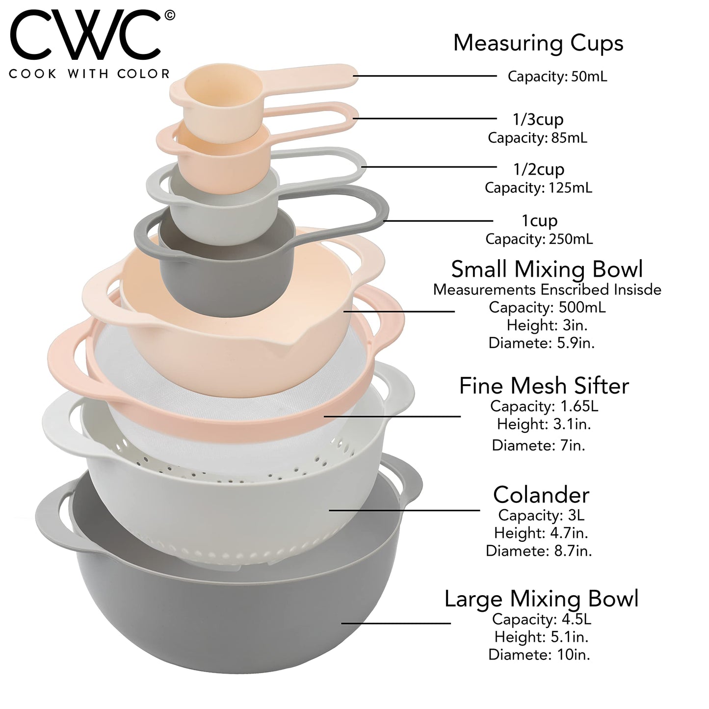 COOK WITH COLOR Nesting Bowls with Measuring Cups Colander and Sifter Set - Includes Mixing Bowls, Colander, Sifter and Measuring Cups, Pink, 8 Pc Bowl