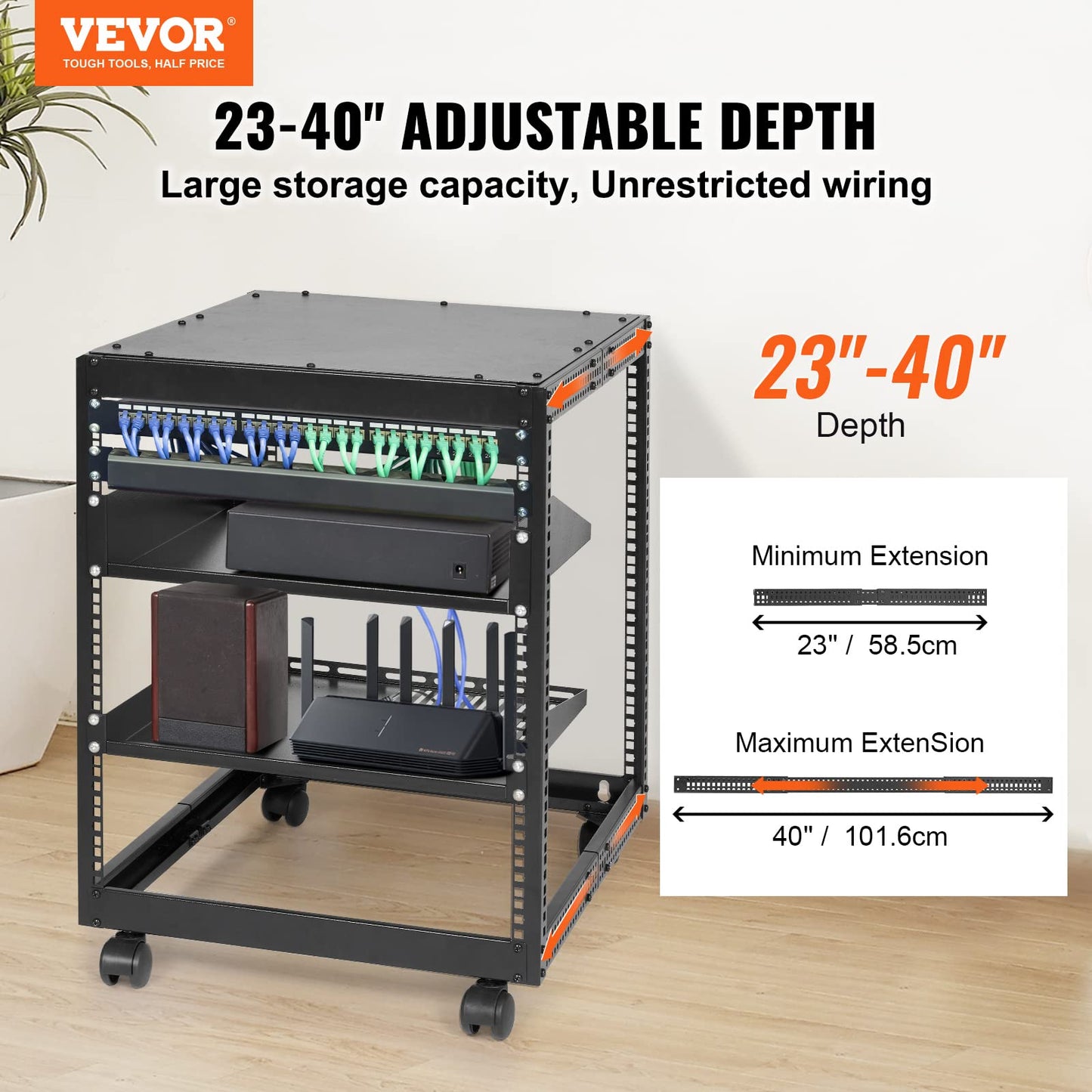 VEVOR 12U Open Frame Server Rack, 23''-40'' Adjustable Depth, Free Standing or Wall Mount Network Server Rack, 4 Post AV Rack with Casters, Holds All Your Networking IT Equipment AV Gear Router Modem