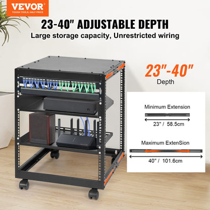 VEVOR 12U Open Frame Server Rack, 23''-40'' Adjustable Depth, Free Standing or Wall Mount Network Server Rack, 4 Post AV Rack with Casters, Holds All Your Networking IT Equipment AV Gear Router Modem