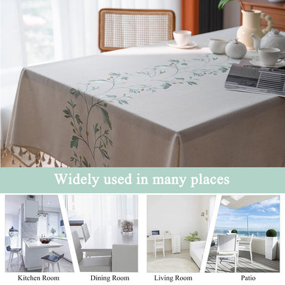 ColorBird Fabric Tablecloths for Rectangle Tables, 55x102 inch Washable Kitchen Table Cloth Rectangle, Green Leaves 8ft Tablecloth Burlap Table Cover for Dinning Picnic Party