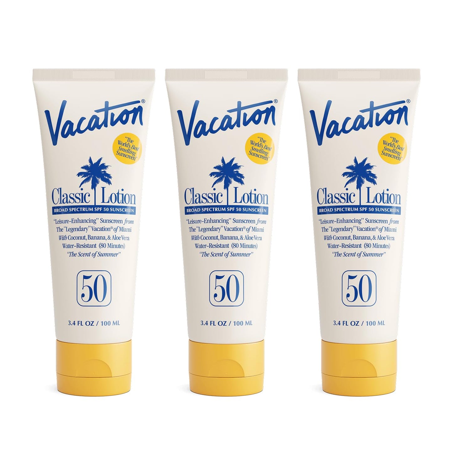 Vacation Classic Sunscreen Lotion SPF 50, Water-Resistant, Lightweight, Transparent on All Skin Tones, Dermatologist-Tested, Vegan, Travel Size, 3.4 Fl. Oz. (Value Pack of 3)