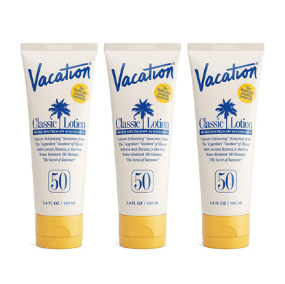 Vacation Classic Sunscreen Lotion SPF 50, Water-Resistant, Lightweight, Transparent on All Skin Tones, Dermatologist-Tested, Vegan, Travel Size, 3.4 Fl. Oz. (Value Pack of 3)