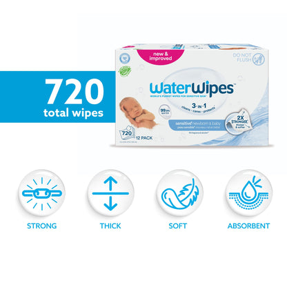 WaterWipes Sensitive+ Newborn & Baby Wipes, 3-In-1 Cleans, Cares, Protects, 99.9% Water, Unscented & Hypoallergenic, 720 Count (12 Packs)