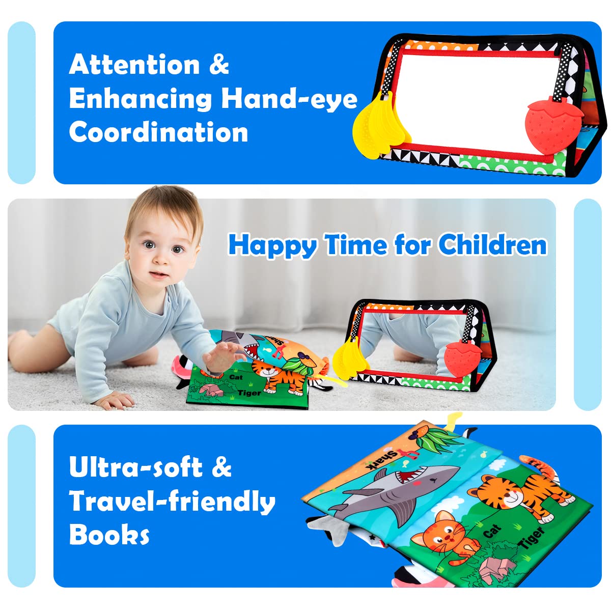 Baby Toys 0-6 Months - Tummy Time Toy Baby Mirror Infant Toys with Cloth Book - Black and White High Contrast Baby Toy for Newborn - Montessori Sensory Toy 0 2 3 4 5 6-12 Months Boy Girl Shower Gifts