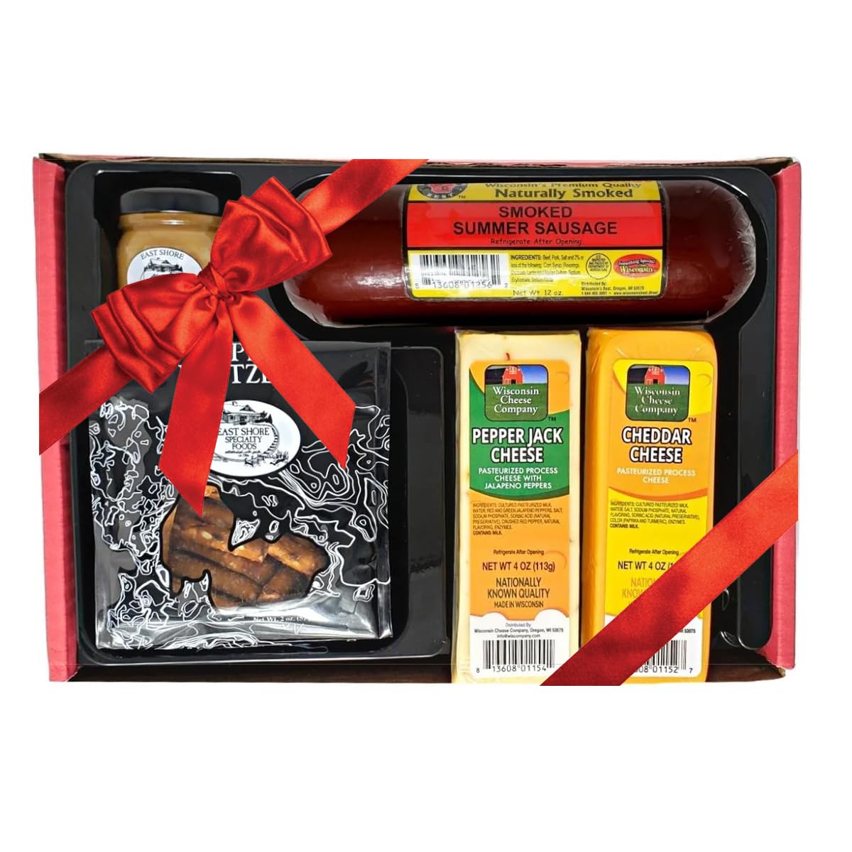 Wisconsin Cheese Company - Fan Favorite Gift Box - 100% Wisconsin Cheddar & Pepper Jack Cheese, Sausage, Pretzel & Mustard | Perfect for Parties, Charcuterie Boards and Birthday Gifts