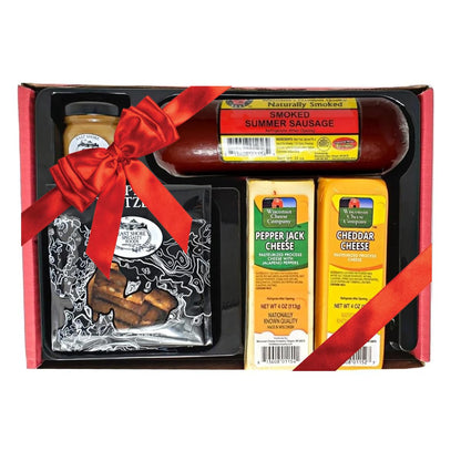 Wisconsin Cheese Company - Fan Favorite Gift Box - 100% Wisconsin Cheddar & Pepper Jack Cheese, Sausage, Pretzel & Mustard | Perfect for Parties, Charcuterie Boards and Birthday Gifts