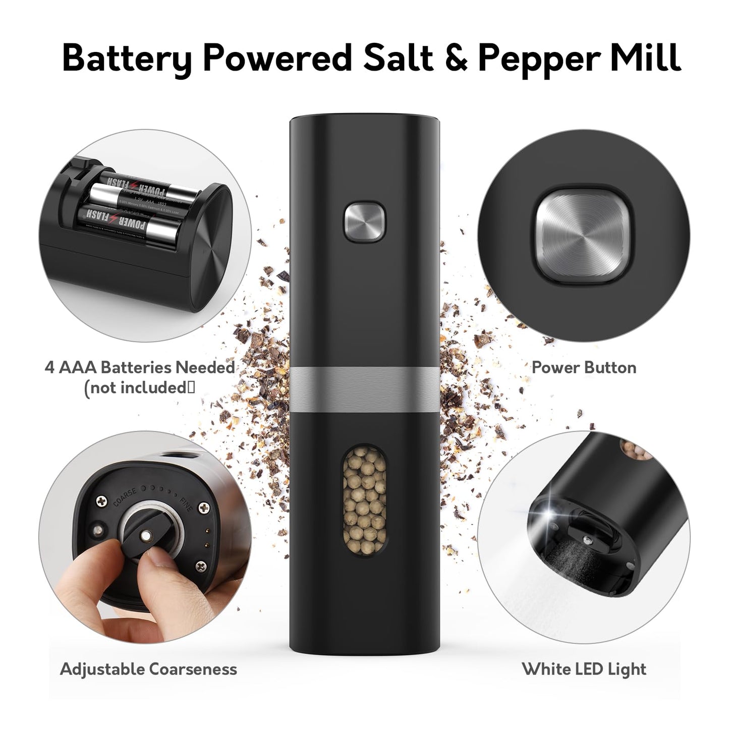Syaws Electric Pepper and Salt Grinder 1 Pack,Battery Powered Pepper Grinders,Automatic Pepper Mill with LED Light,Adjustable Coarseness One-Hand Operation