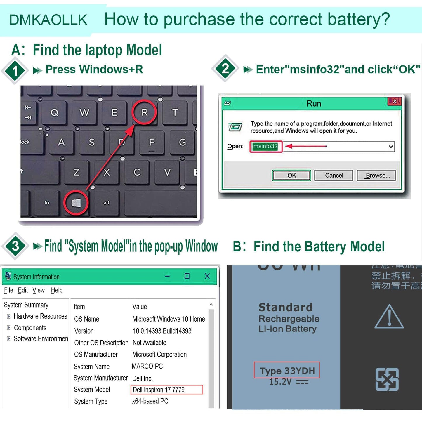DMKAOLLK 56WH 33YDH Laptop Battery for Dell Inspiron 17 7000 7778 7779 7786 7773 15 7577 G3 3579 3779 G5 5587 G7 7588 Latitude 13 3380 14 3490 15 3590 3580 PVHT1 P30E 81PF3 081PF3 12 Months Warranty