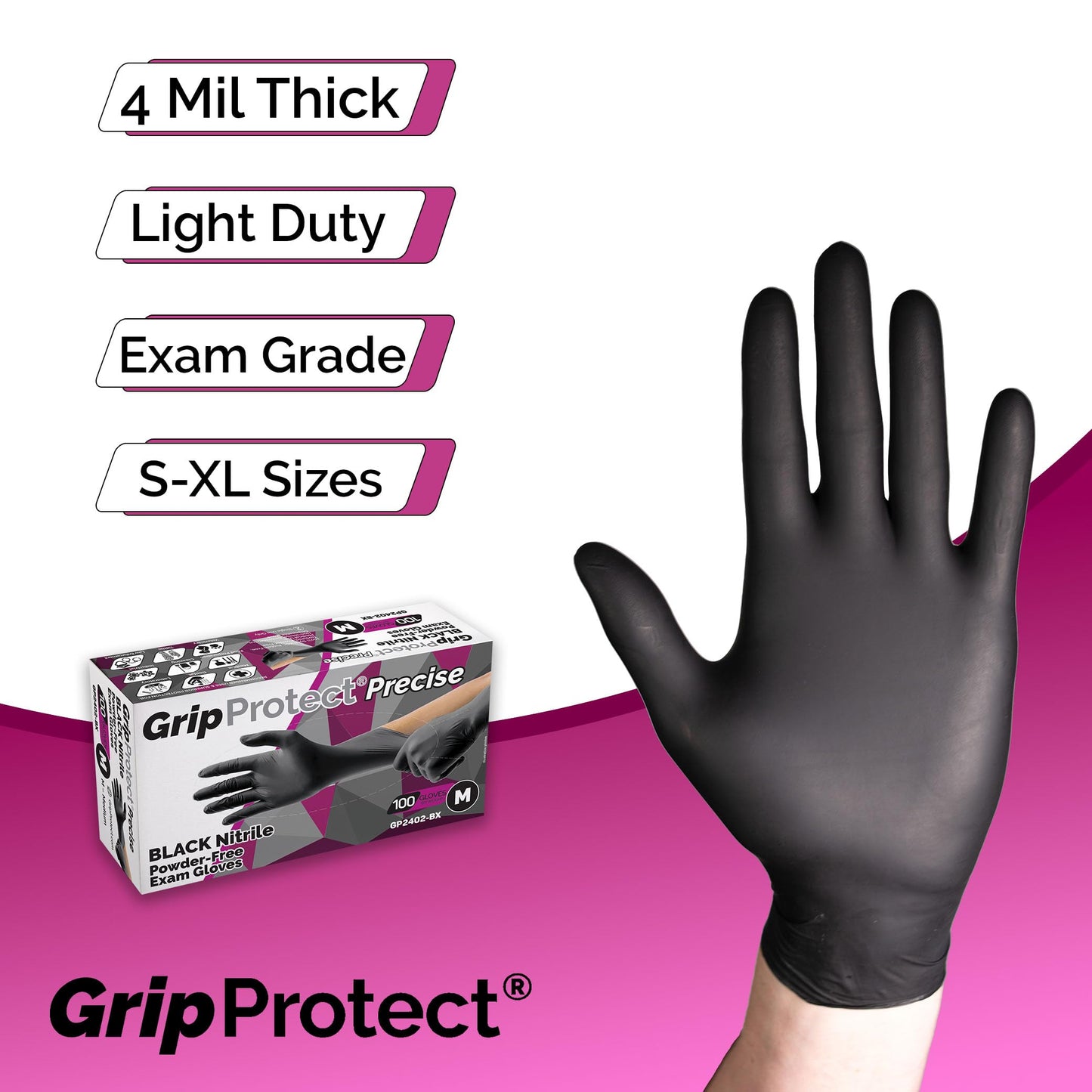 GripProtect® Precise Black Nitrile Gloves, Exam, 4 Mil, Food, Home, Cleaning, Medical/Dental, Tattoo (Large, 100)