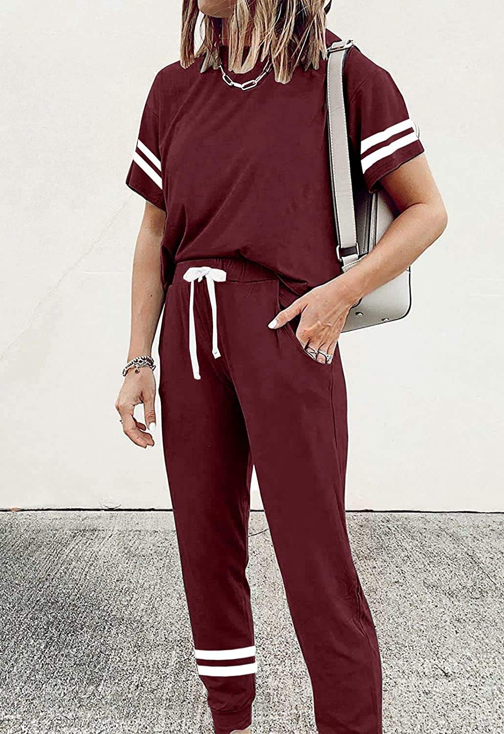 PRETTYGARDEN Women Summer Two Piece Outfits Striped Short Sleeve Pullover and Long Pants Tracksuit Travel Pajama Lounge Set (Wine Red,Small)