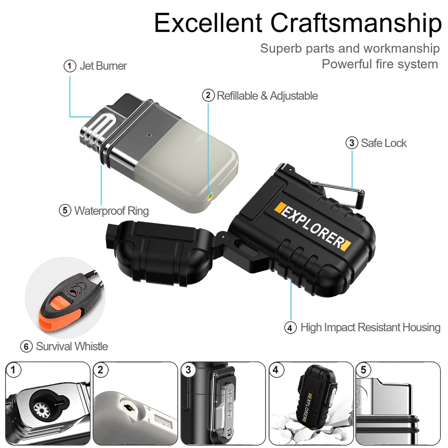 Waterproof Butane Torch Lighter Refillable Windproof Jet Flame Lighters for Fireplace Fireworks Grill Camping BBQ Lighter, Black(Without Gas)