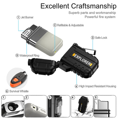 Waterproof Butane Torch Lighter Refillable Windproof Jet Flame Lighters for Fireplace Fireworks Grill Camping BBQ Lighter, Black(Without Gas)