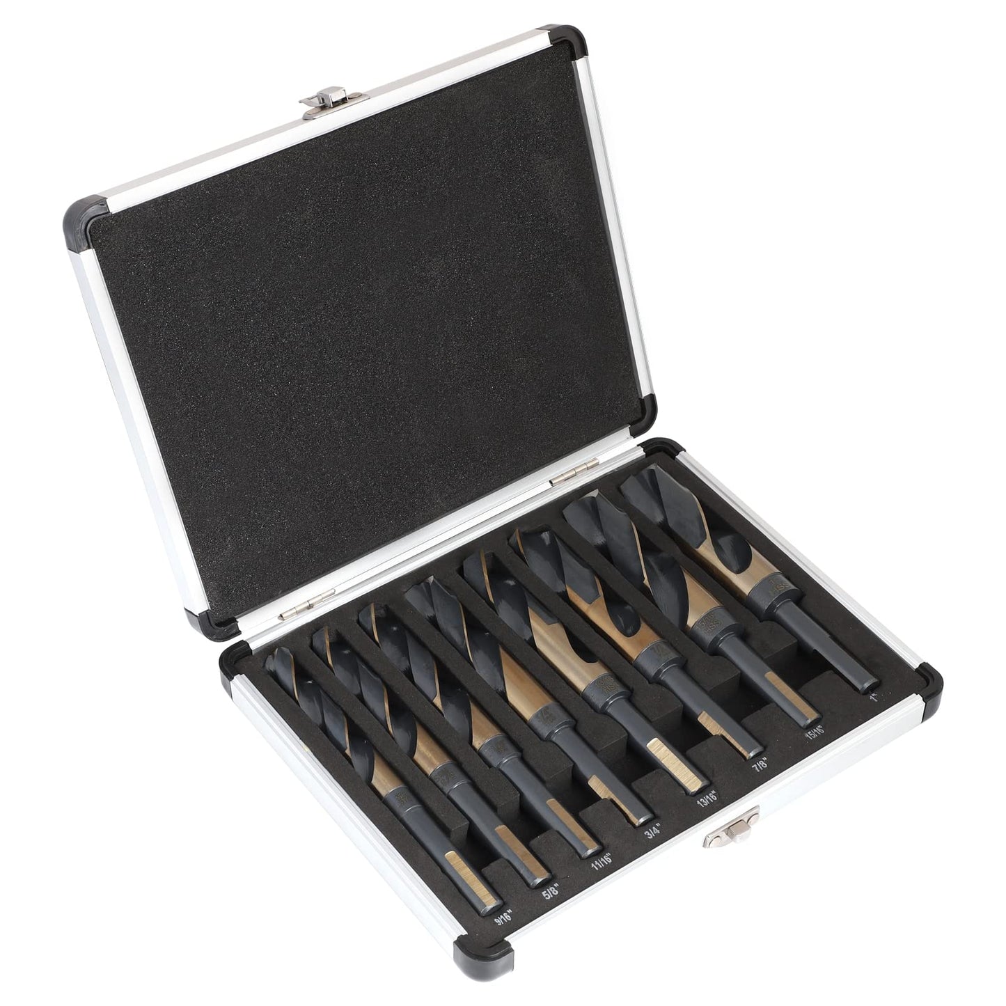 COMOWARE Reduced Shank Drill Bit Set, 8 Sizes from 9/16" to 1", HSS M2, Black & Gold Drill Bit with 3-Flat 1/2" Shank, 135° Split Point, Drills Bits for Metal/Plastic/Wood, with Storage case
