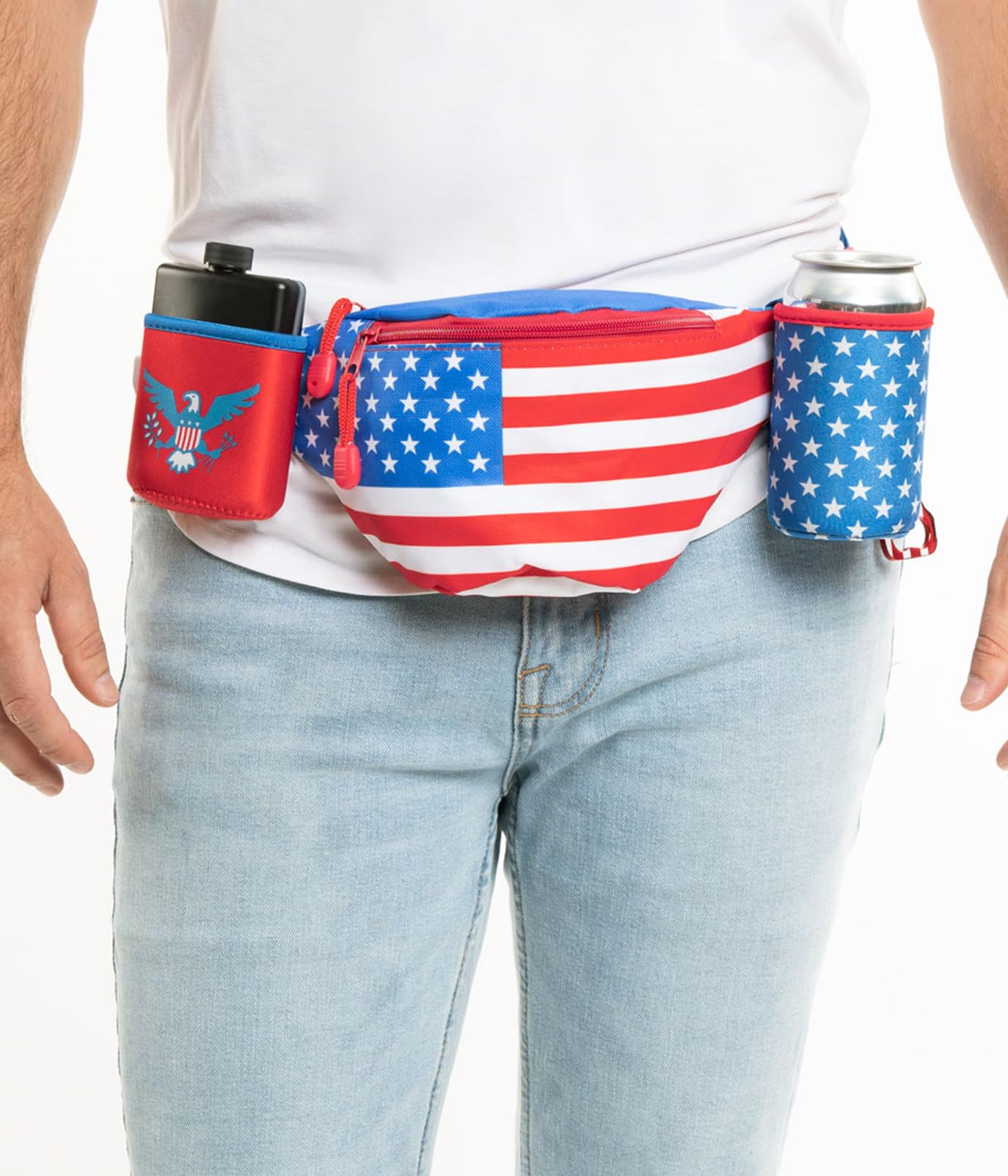 Tipsy Elves USA Flag Fanny Pack with 2 Detachable Drink Carrier Includes Bottle Opener - Patriotic American Flag Fanny Pack - Adjustable Belt Strap Waist Bag July 4th Parties Beach BBQs (Red Blue)