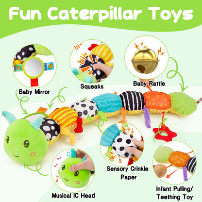 Baby Sensory Toy 0-6 Month Music Animal Stuffed Plush Caterpillar Toy for Infant 0-3-6 Month Tummy Time with Baby Mirror Crinkle Rattle for 6-12 Month Carseat Toys for Newborn Boys Girls Shower Gifts