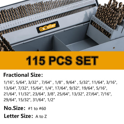 CaRoller Cobalt Drill Bit Set 115 PCS, High Speed Steel M35 Drill Bits Durable Round Shank Drill Sets for Hardened Steel, Wood Plastic, Sheet Metal, with Metal Index Storage Box (115pcs Cobalt)