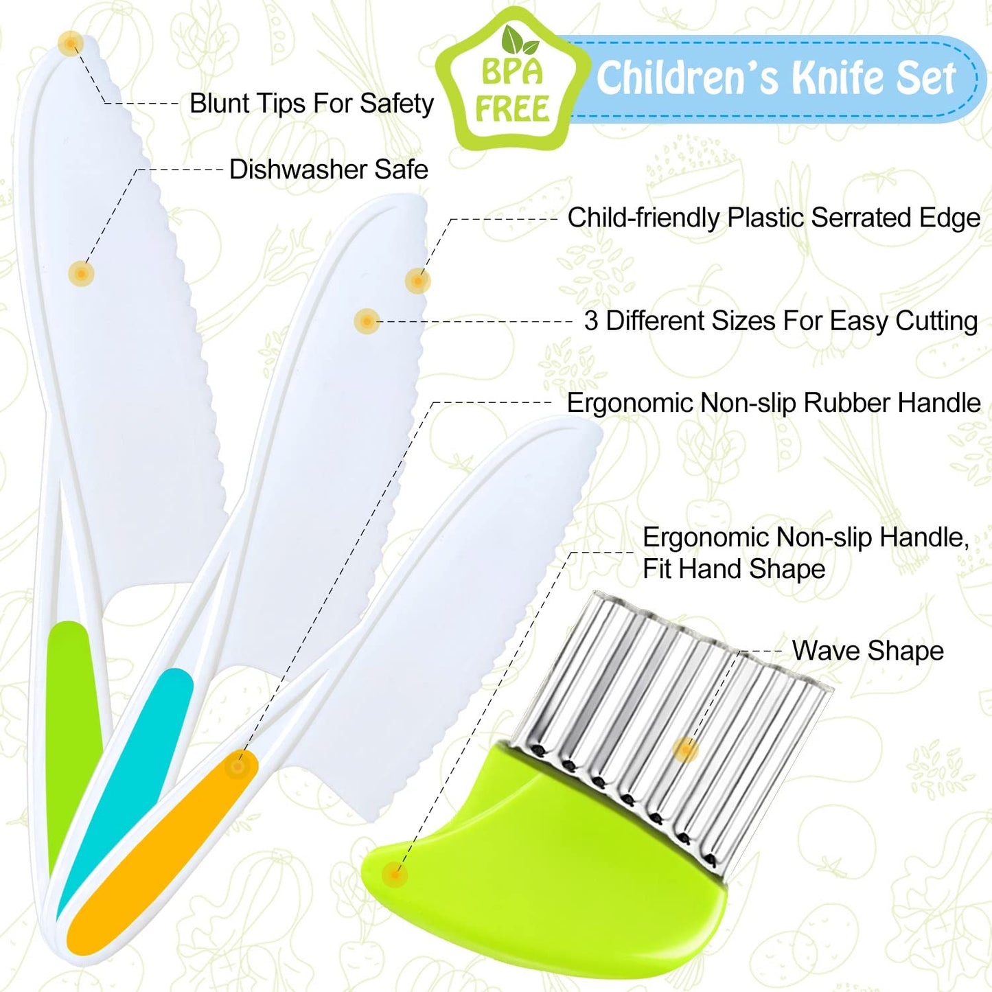 TAORISH 4 Pcs Kids Knife Set, Kids Kitchen Knife with Crinkle Cutter, Serrated Edges Plastic Toddler Chef Knife for Real Cooking & Cutting Fruit Bread