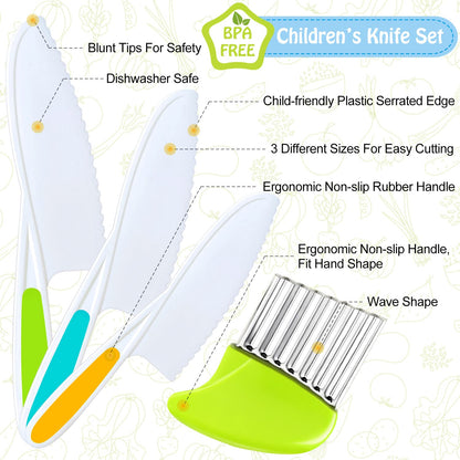 TAORISH 4 Pcs Kids Knife Set, Kids Kitchen Knife with Crinkle Cutter, Serrated Edges Plastic Toddler Chef Knife for Real Cooking & Cutting Fruit Bread