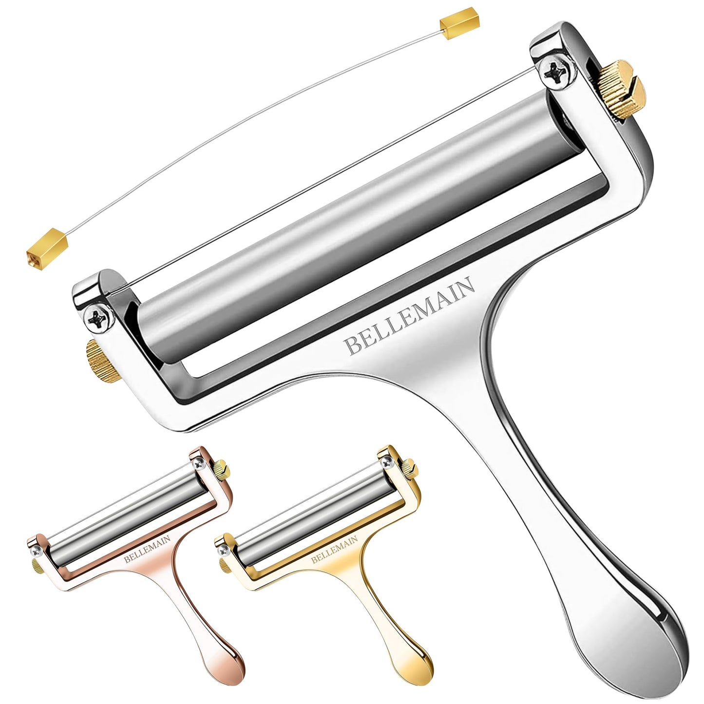 Bellemain Stainless Steel Wire Cheese Slicer - Hand Held Cutter for Cheddar, Gruyere, Raclette, Mozzarella Block, Adjustable Shaver, Thick & Thin Slicer, Curler (Silver)