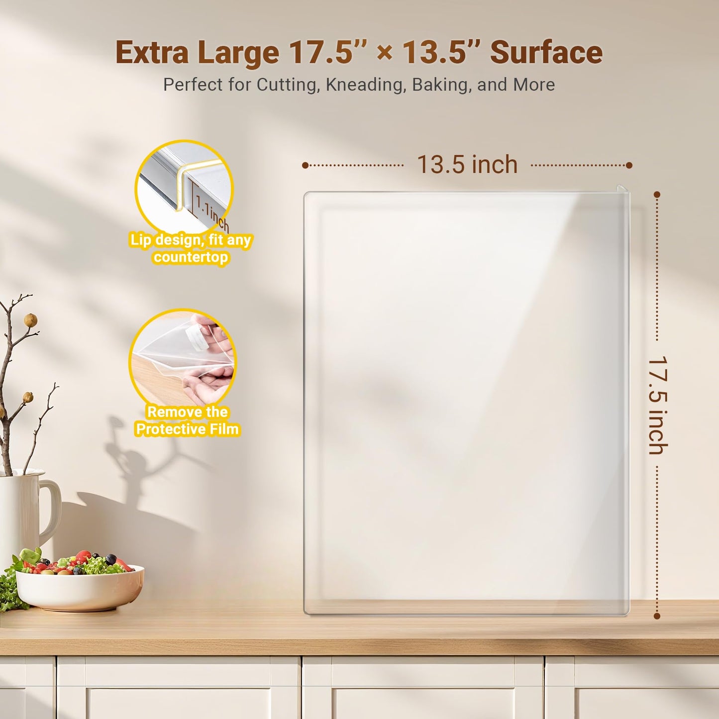 Acrylic Cutting Board with Counter Lip, 17.5x13.5 Inch Clear Cutting Boards for Kitchen Counter, Large Cutting Board Non Slip for Countertop Protector, Apartment Essentials Kitchen Decor Gifts